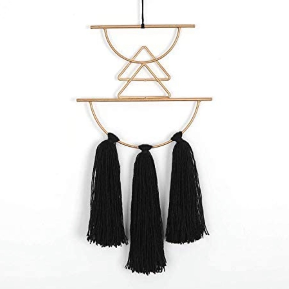 Boho black and gold metal wall hanging decor with tassels
